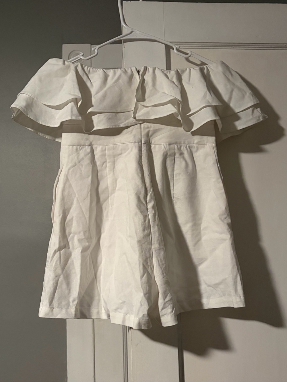 Fashion Nova White Off-Shoulder Ruffle Romper Shorts